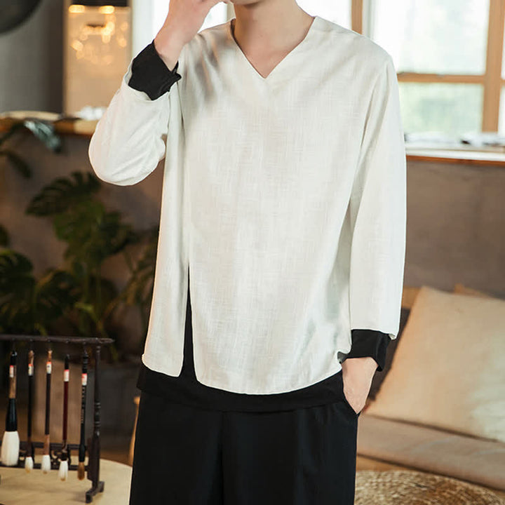 Buddha Stones Spring Fall Casual Minimalist Side Slit Solid Men's Long Sleeve T-Shirts - image 8
