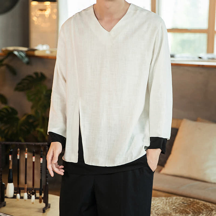 Buddha Stones Spring Fall Casual Minimalist Side Slit Solid Men's Long Sleeve T-Shirts - White - US/UK/AU46, EU56 (5XL) - image 6