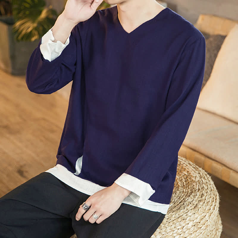 Buddha Stones Spring Fall Casual Minimalist Side Slit Solid Men's Long Sleeve T-Shirts - image 2