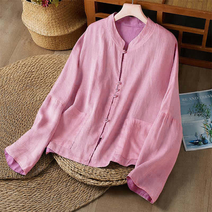 Buddha Stones Spring Fall Tang Style Casual Crew Neck Solid Reversible Design Women's Long Sleeve Shirts With Pocket - PaleVioletRed - US14, UK/AU18, EU46 (2XL) - image 11