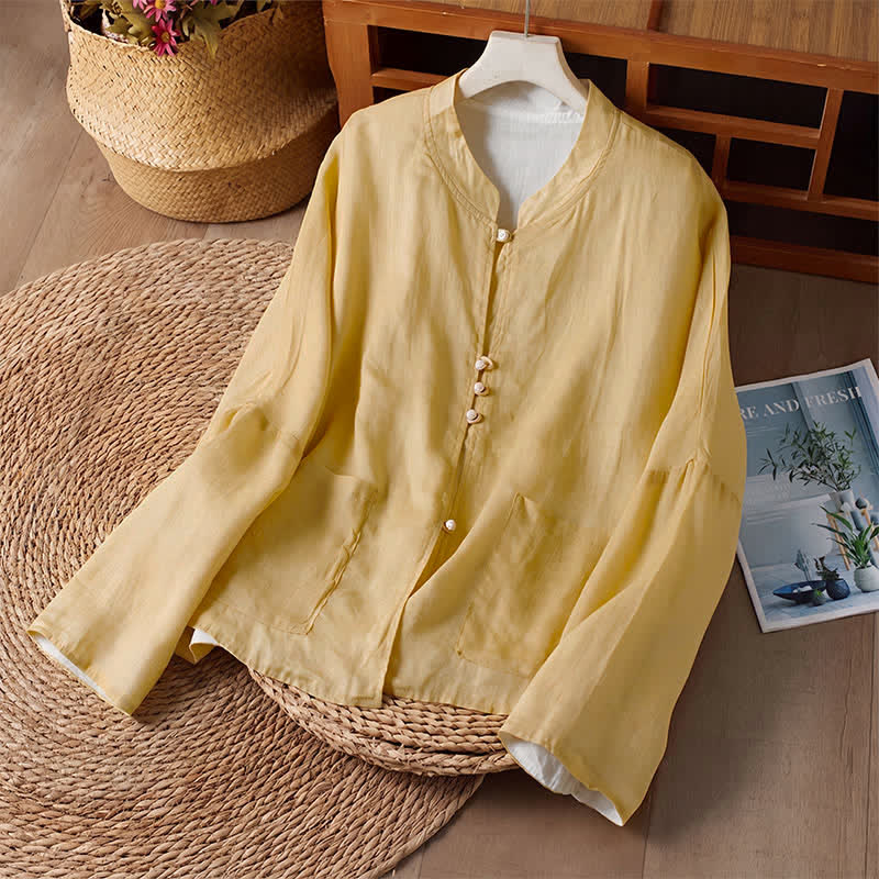 Buddha Stones Spring Fall Tang Style Casual Crew Neck Solid Reversible Design Women's Long Sleeve Shirts With Pocket - image 1