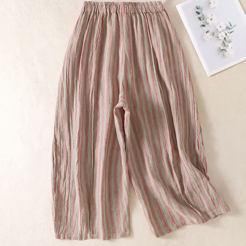 Buddha Stones Spring Summer Casual Boho Drawstring Striped Cropped Pants Women's Harem Pants With Pocket - image 7