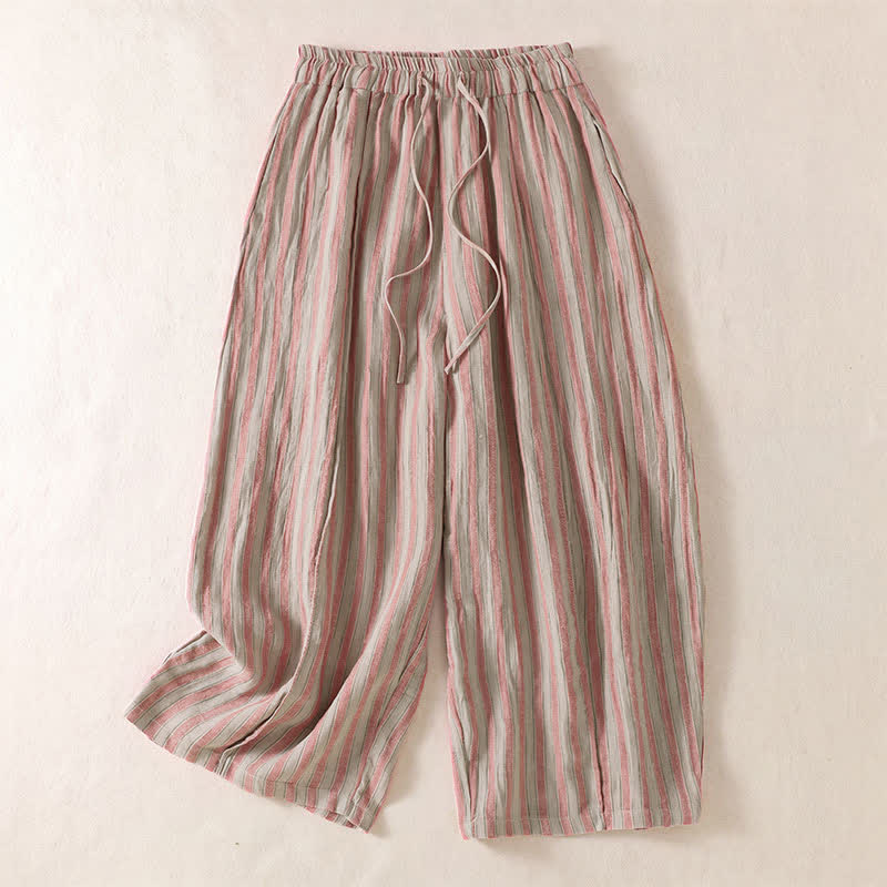 Buddha Stones Spring Summer Casual Boho Drawstring Striped Cropped Pants Women's Harem Pants With Pocket - Pink - US8-10, UK/AU12-14, EU40-42 (2XL) - image 6