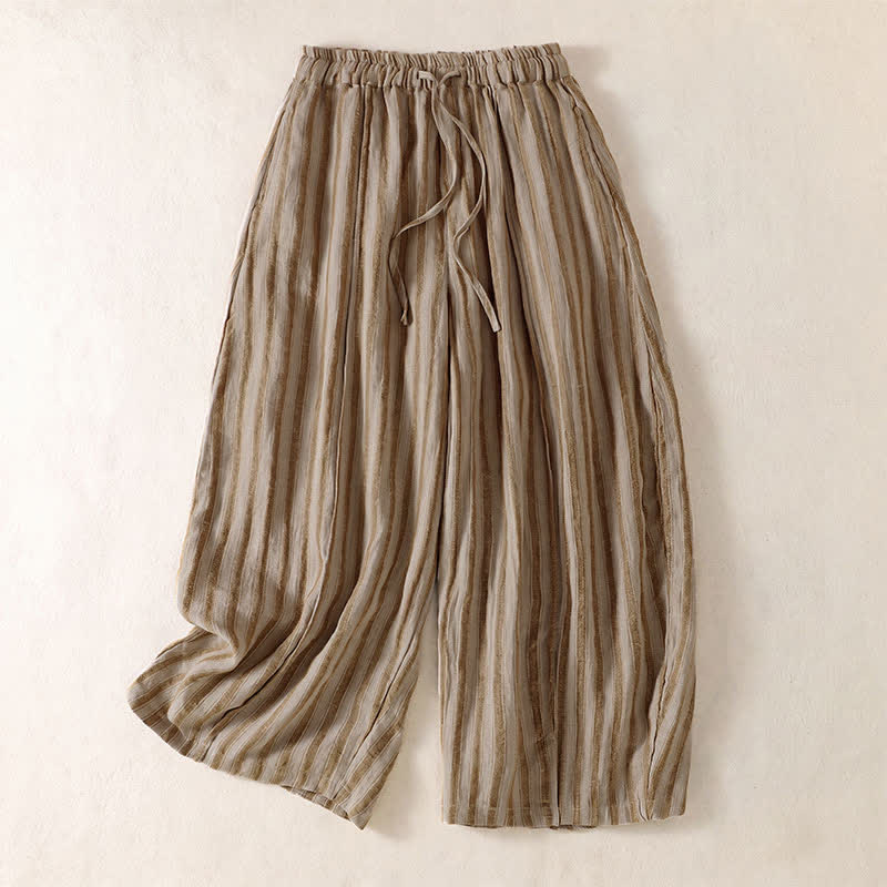 Buddha Stones Spring Summer Casual Boho Drawstring Striped Cropped Pants Women's Harem Pants With Pocket - Tan - US8-10, UK/AU12-14, EU40-42 (2XL) - image 0
