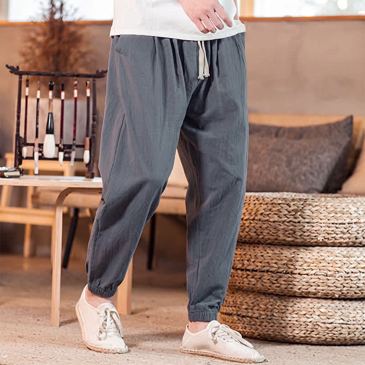 Buddha Stones Spring Summer Casual Minimalist Drawstring Solid Cropped Pants Men's Tapered Pants With Pocket - image 12