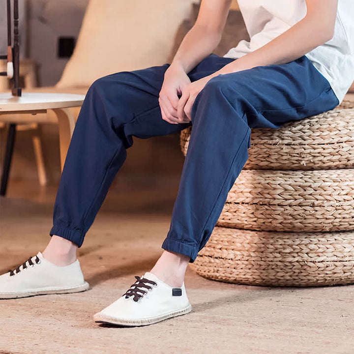 Buddha Stones Spring Summer Casual Minimalist Drawstring Solid Cropped Pants Men's Tapered Pants With Pocket - image 7