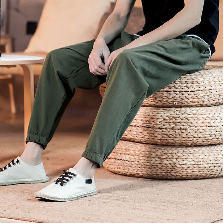 Buddha Stones Spring Summer Casual Minimalist Drawstring Solid Cropped Pants Men's Tapered Pants With Pocket - image 41