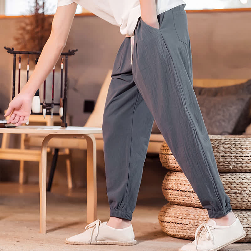 Buddha Stones Spring Summer Casual Minimalist Drawstring Solid Cropped Pants Men's Tapered Pants With Pocket - image 19