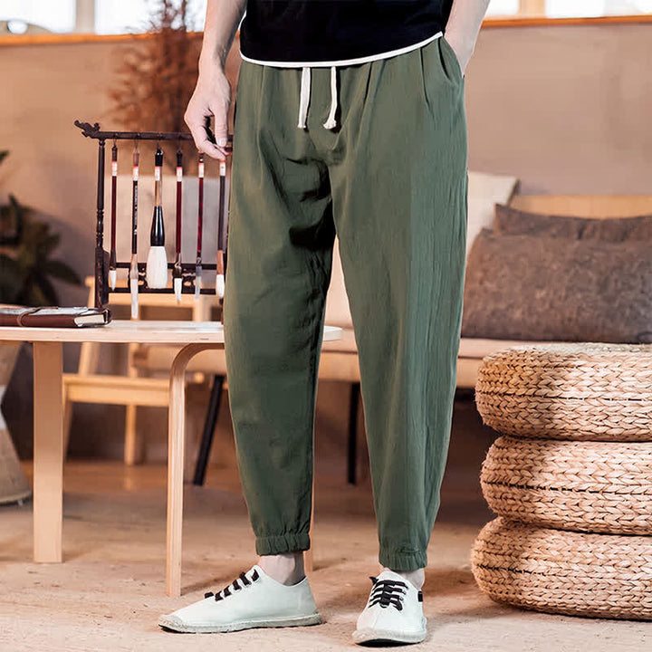 Buddha Stones Spring Summer Casual Minimalist Drawstring Solid Cropped Pants Men's Tapered Pants With Pocket - DarkOliveGreen - US/UK/AU46, EU56 (5XL) - image 36