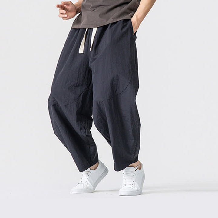 Buddha Stones Spring Summer Casual Minimalist Drawstring Solid Cropped Pants Men's Harem Pants With Pockets - image 11