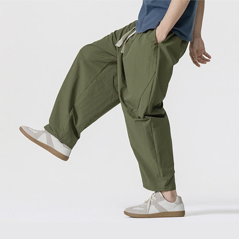 Buddha Stones Spring Summer Casual Minimalist Drawstring Solid Cropped Pants Men's Harem Pants With Pockets - image 6