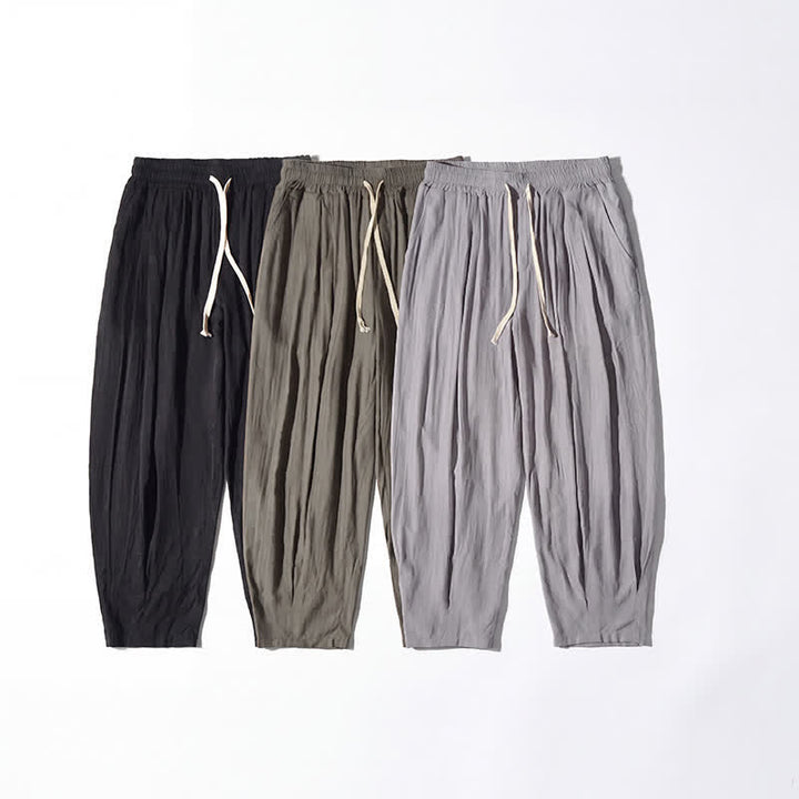 Buddha Stones Summer Casual Drawstring Solid Cropped Pants Men's Straight Leg Pants With Pocket - image 27
