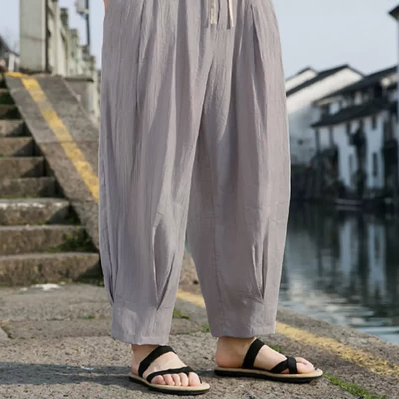 Buddha Stones Summer Casual Drawstring Solid Cropped Pants Men's Straight Leg Pants With Pocket - image 14