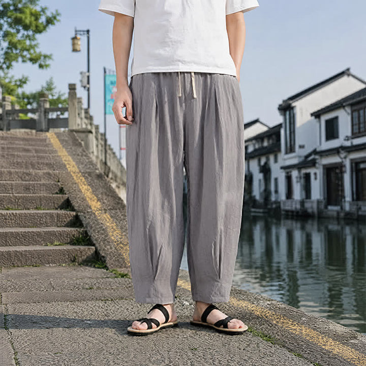 Buddha Stones Summer Casual Drawstring Solid Cropped Pants Men's Straight Leg Pants With Pocket - image 12