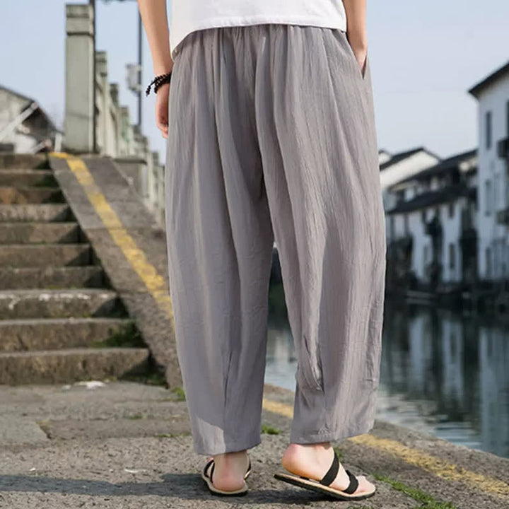 Buddha Stones Summer Casual Drawstring Solid Cropped Pants Men's Straight Leg Pants With Pocket - image 13