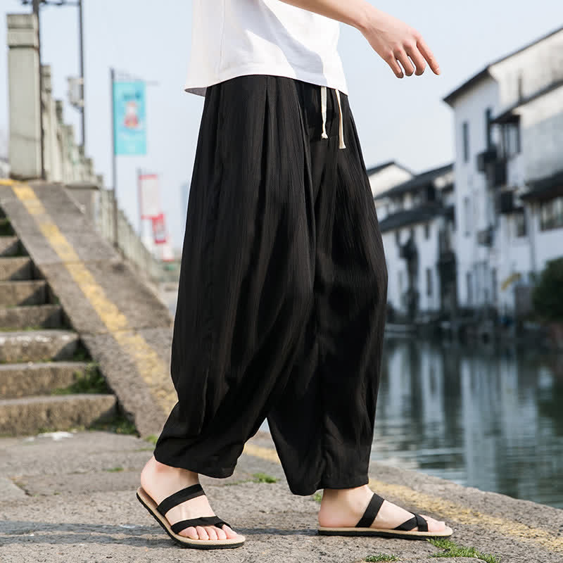 Buddha Stones Summer Casual Drawstring Solid Cropped Pants Men's Straight Leg Pants With Pocket - Black - US/UK/AU46, EU56 (5XL) - image 8