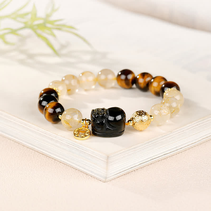 Buddha Stones Feng Shui Tiger Eye Pi Xiu Golden Rutilated Quartz Wealth Beaded Bracelet - image 2