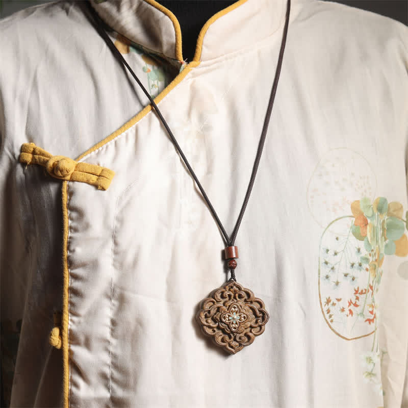 Buddha Stones Sappanwood Carved Tang Dynasty Flower Harmony Necklace - image 5