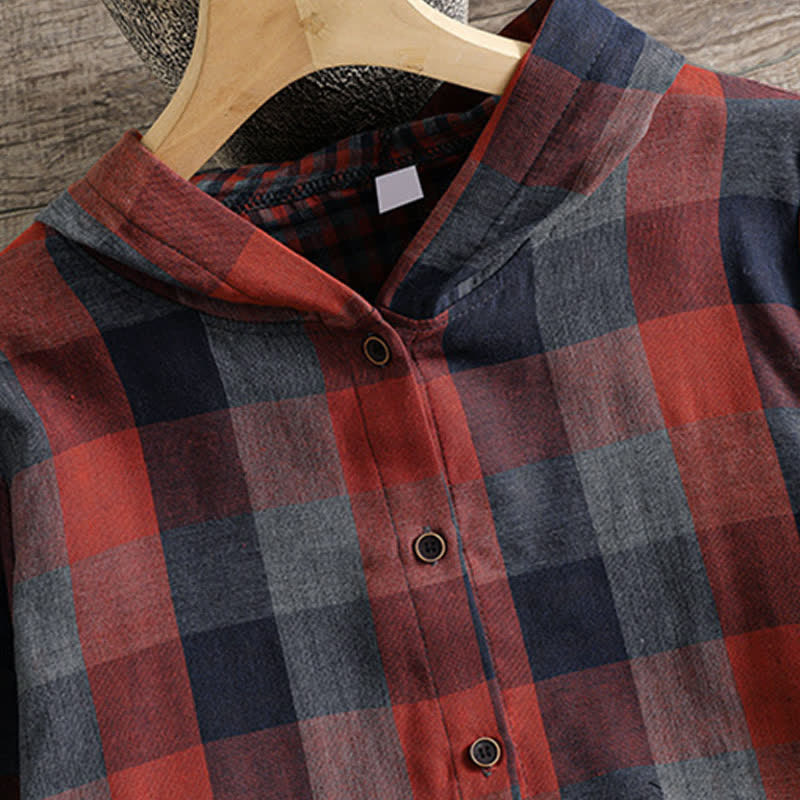 Buddha Stones Fall Casual Vintage Button-Up Drawstring Plaid Women's Hoodies With Pocket - image 34