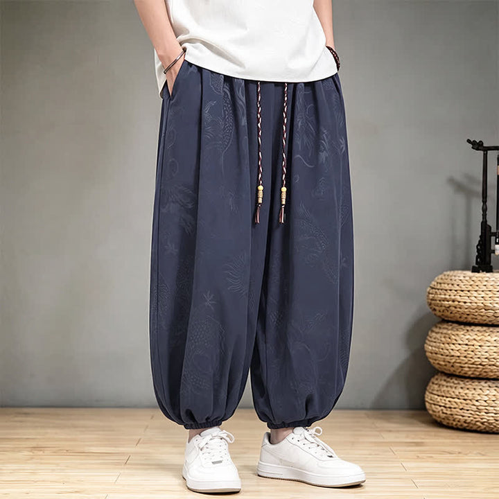 Buddha Stones Spring Summer Casual Tang Style Drawstring Dragon Cropped Pants Men's Harem Pants With Pocket - image 16