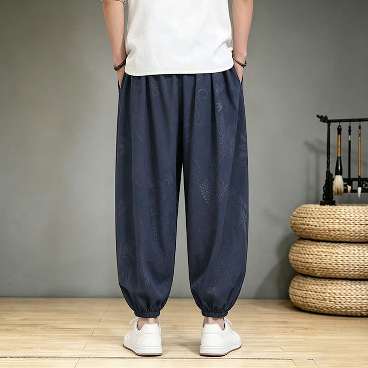 Buddha Stones Spring Summer Casual Tang Style Drawstring Dragon Cropped Pants Men's Harem Pants With Pocket - image 18