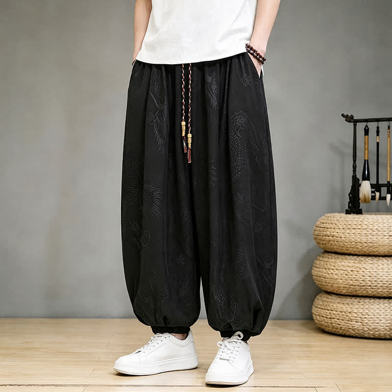 Buddha Stones Spring Summer Casual Tang Style Drawstring Dragon Cropped Pants Men's Harem Pants With Pocket - Black - US/UK/AU46, EU56 (5XL) - image 0