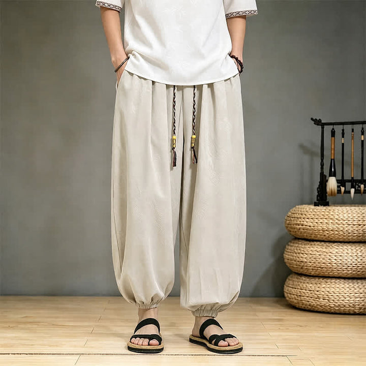 Buddha Stones Spring Summer Casual Tang Style Drawstring Dragon Cropped Pants Men's Harem Pants With Pocket - Beige - US/UK/AU46, EU56 (5XL) - image 21