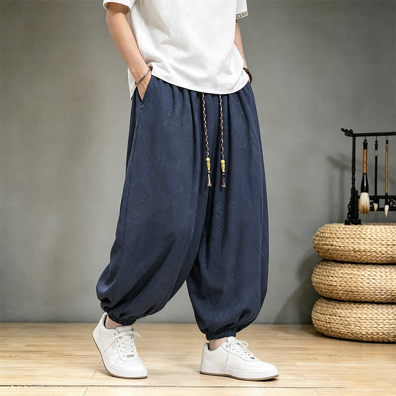 Buddha Stones Spring Summer Casual Tang Style Drawstring Dragon Cropped Pants Men's Harem Pants With Pocket - image 17