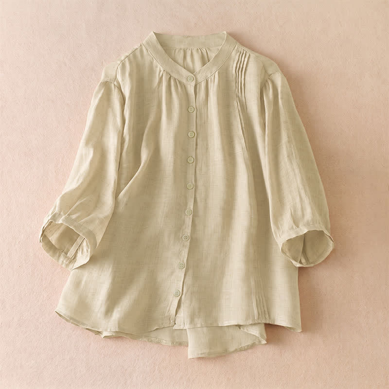 Buddha Stones Summer Classic Simple Button-Up Solid Women's Short Sleeve Shirts - Beige - US8-10, UK/AU12-14, EU40-42 (2XL) - image 8