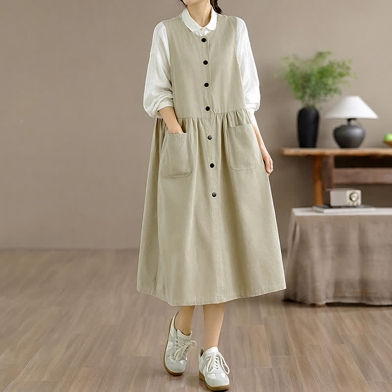 Buddha Stones Summer Casual Minimalist Button-Up Solid Women's Summer Sleeveless Dress With Pocket - image 20