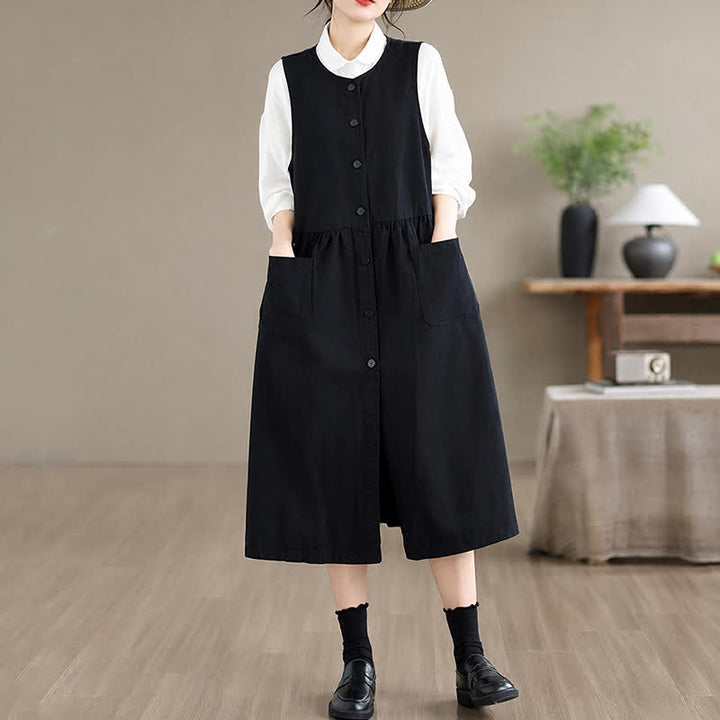 Buddha Stones Summer Casual Minimalist Button-Up Solid Women's Summer Sleeveless Dress With Pocket - image 14