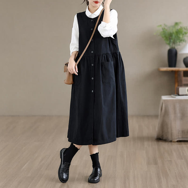 Buddha Stones Summer Casual Minimalist Button-Up Solid Women's Summer Sleeveless Dress With Pocket - image 15