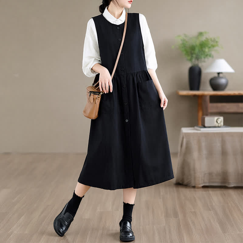 Buddha Stones Summer Casual Minimalist Button-Up Solid Women's Summer Sleeveless Dress With Pocket - image 13