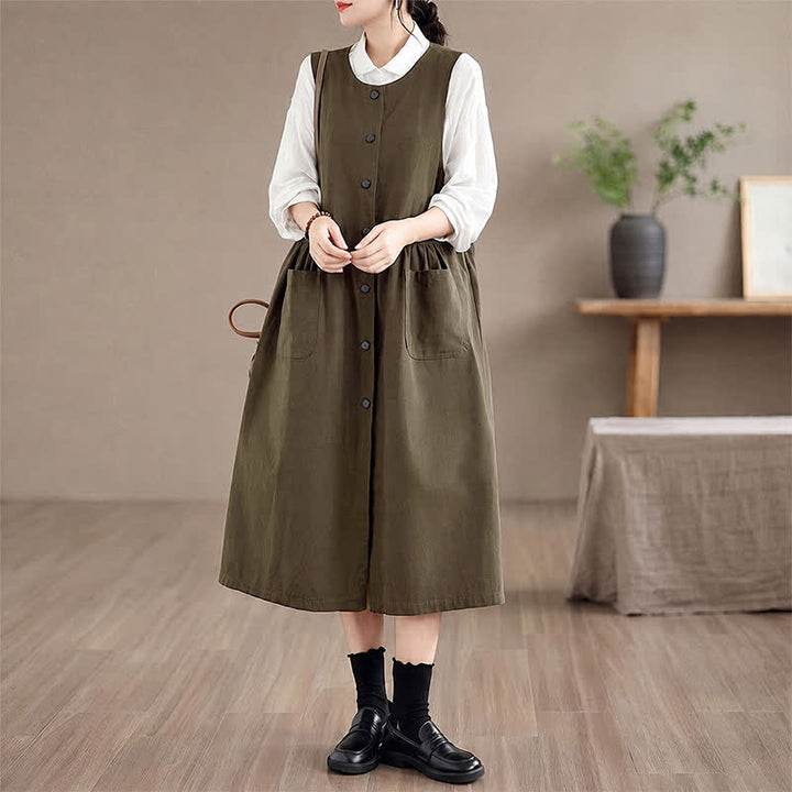 Buddha Stones Summer Casual Minimalist Button-Up Solid Women's Summer Sleeveless Dress With Pocket - image 2