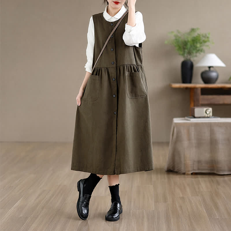Buddha Stones Summer Casual Minimalist Button-Up Solid Women's Summer Sleeveless Dress With Pocket - image 1