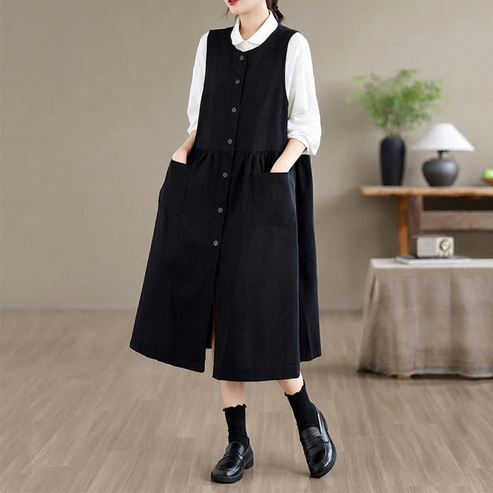 Buddha Stones Summer Casual Minimalist Button-Up Solid Women's Summer Sleeveless Dress With Pocket - Black - US8-10, UK/AU12-14, EU40-42 (XL) - image 12