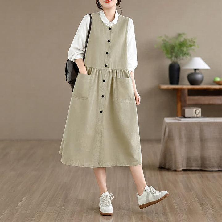 Buddha Stones Summer Casual Minimalist Button-Up Solid Women's Summer Sleeveless Dress With Pocket - Beige - US8-10, UK/AU12-14, EU40-42 (XL) - image 18