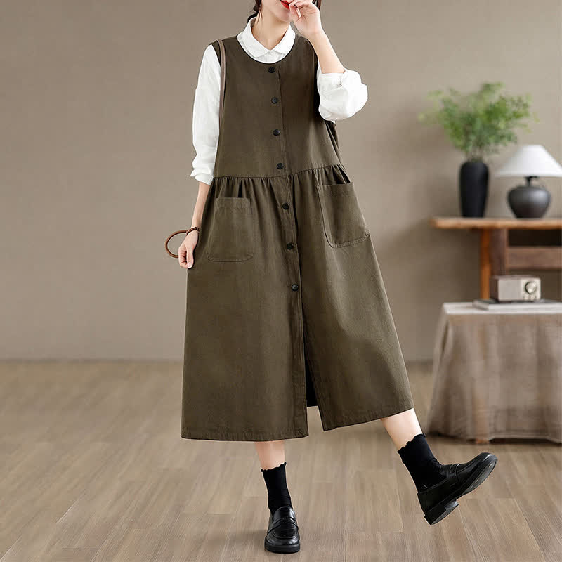 Buddha Stones Summer Casual Minimalist Button-Up Solid Women's Summer Sleeveless Dress With Pocket - DarkOliveGreen - US8-10, UK/AU12-14, EU40-42 (XL) - image 0