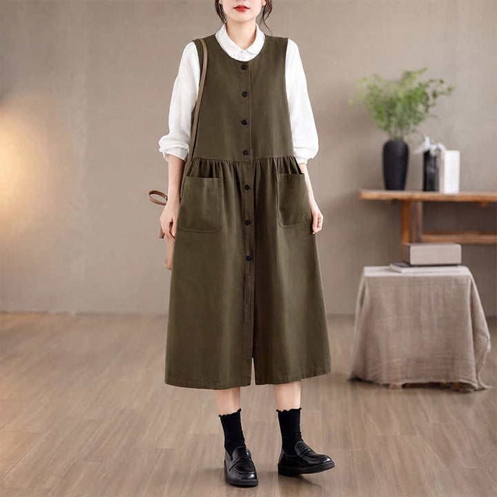 Buddha Stones Summer Casual Minimalist Button-Up Solid Women's Summer Sleeveless Dress With Pocket - image 5