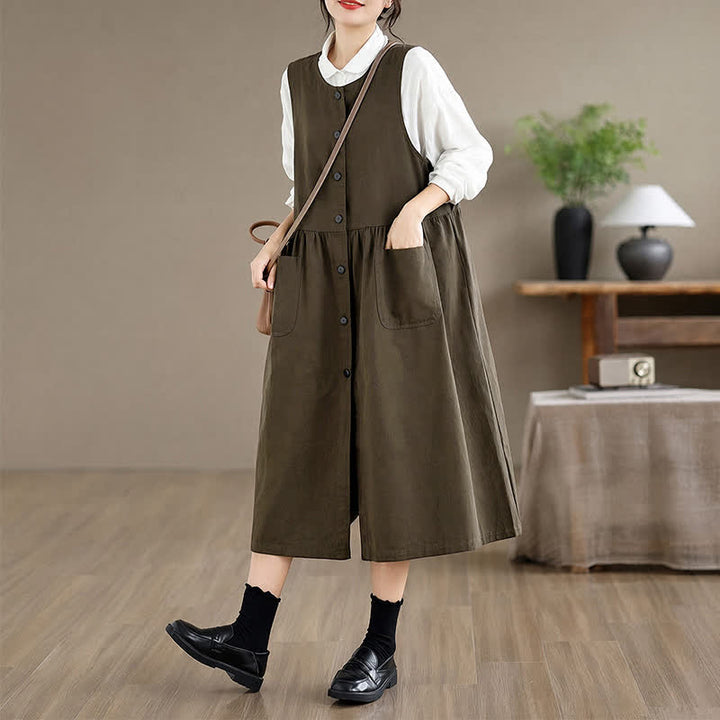 Buddha Stones Summer Casual Minimalist Button-Up Solid Women's Summer Sleeveless Dress With Pocket - image 3