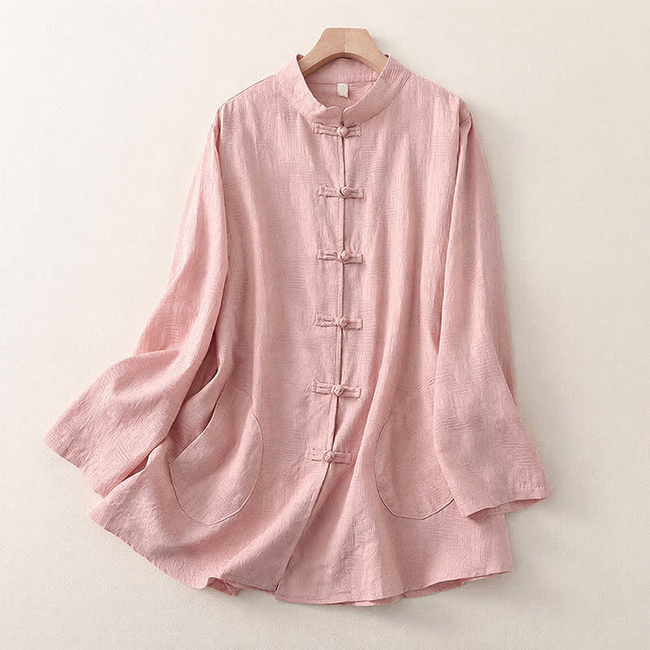Buddha Stones Spring Fall Casual Tang Style Mandarin Collar Frog Button Solid Women's Long Sleeve Shirts With Pocket - LightPink - US8-10, UK/AU12-14, EU40-42 (2XL) - image 6