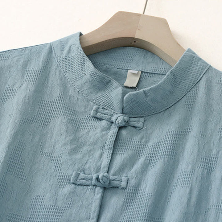 Buddha Stones Spring Fall Casual Tang Style Mandarin Collar Frog Button Solid Women's Long Sleeve Shirts With Pocket - image 1