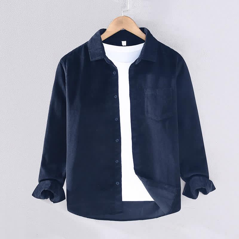 Buddha Stones Fall Winter Casual Patch Pocket Solid Cotton Men's Long Sleeve Shirts With Pocket - MidnightBlue - US/UK/AU44, EU54 (4XL) - image 1