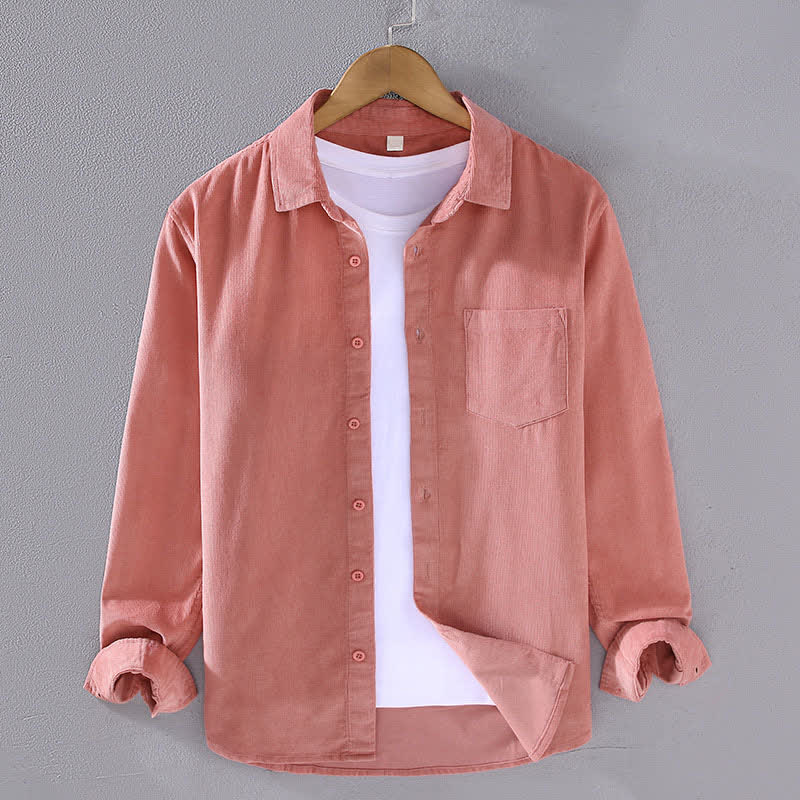 Buddha Stones Fall Winter Casual Patch Pocket Solid Cotton Men's Long Sleeve Shirts With Pocket - Salmon - US/UK/AU44, EU54 (4XL) - image 6