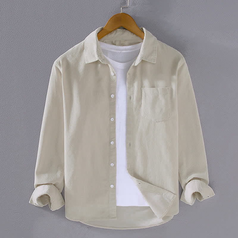 Buddha Stones Fall Winter Casual Patch Pocket Solid Cotton Men's Long Sleeve Shirts With Pocket - Ivory - US/UK/AU44, EU54 (4XL) - image 2