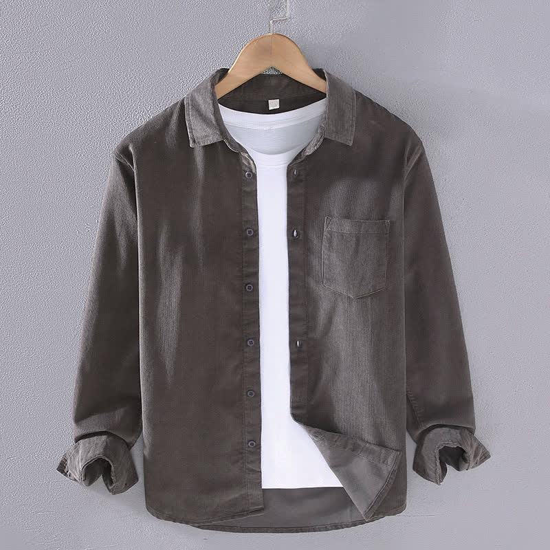 Buddha Stones Fall Winter Casual Patch Pocket Solid Cotton Men's Long Sleeve Shirts With Pocket - DimGray - US/UK/AU44, EU54 (4XL) - image 4