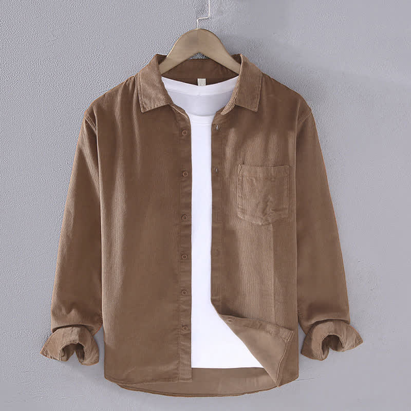 Buddha Stones Fall Winter Casual Patch Pocket Solid Cotton Men's Long Sleeve Shirts With Pocket - Peru - US/UK/AU44, EU54 (4XL) - image 0