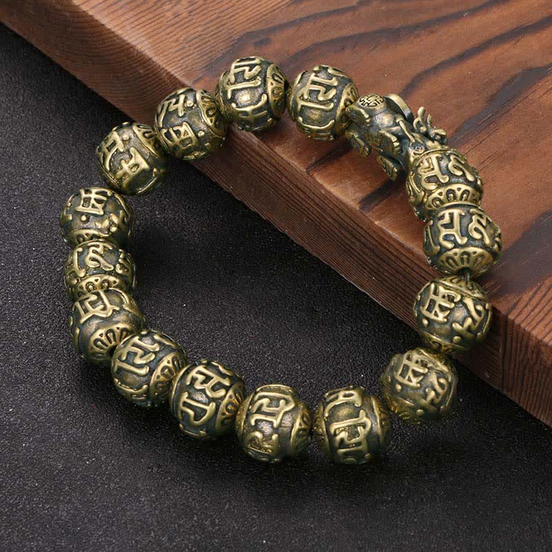 Buddha Stones Antique Brass Pi Xiu Om Mani Padme Hum Wealth Bracelet - image 1