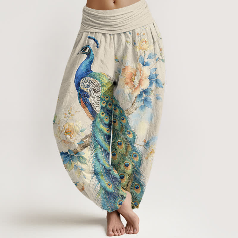 Buddha Stones Cotton Peacock Floral Pattern Women's Elastic Waist Harem Pants - Ivory - US16，UK/AU20，EU48 (3XL) - image 0