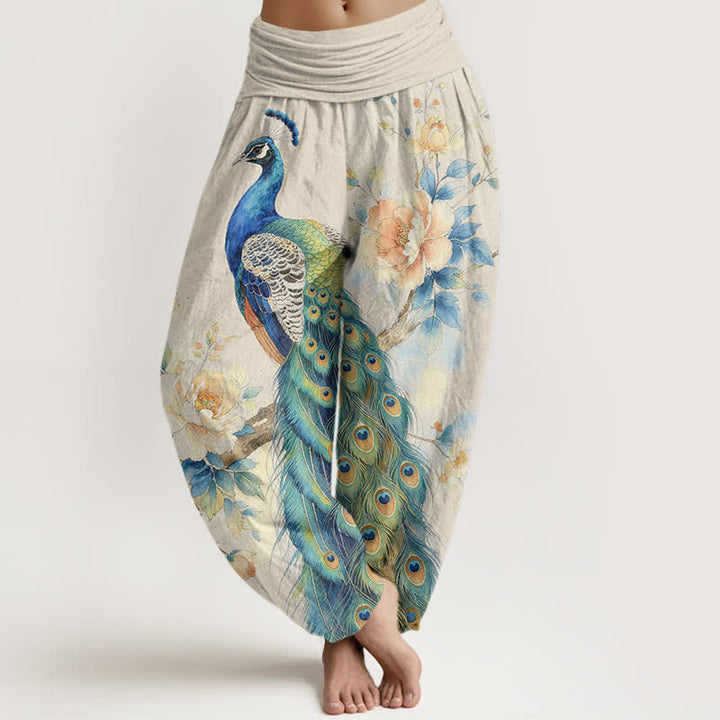 Buddha Stones Cotton Peacock Floral Pattern Women's Elastic Waist Harem Pants - Ivory - US16，UK/AU20，EU48 (3XL) - image 0